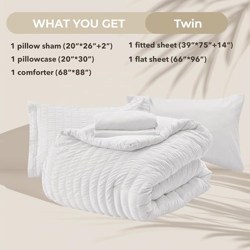 HYMOKEGE Twin Comforter Set - Luxury 5-Piece Seersucker Bedding Set for All Seasons | White