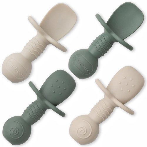 Ginbear Baby Spoons - Platinum Silicone Self-Feeding Utensils for Infants | Soft BLW Supplies, Pack of 4 (Dark Sage/Ivory)