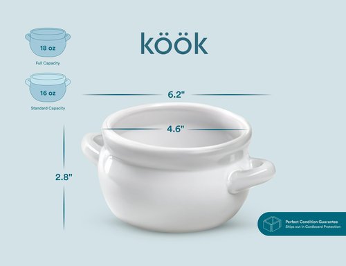 KooK French Onion Soup Crocks with Handles, Ceramic, Dishwasher, Microwave, Oven & Broil Safe, White Set of 4, 18 oz
