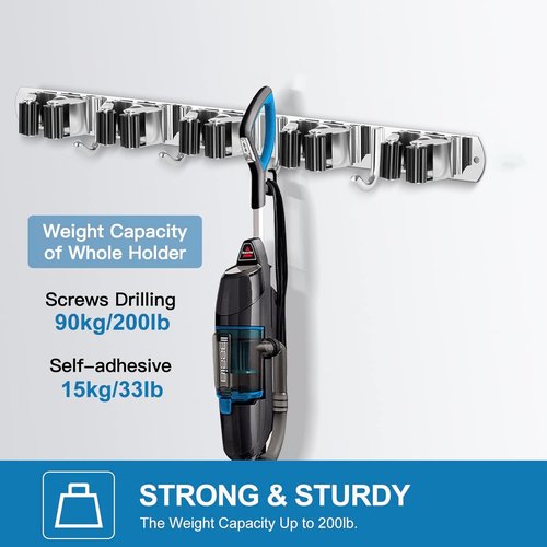 IMILLET Wall Mount Broom Holder - Stainless Steel Organizer with 5 Racks & 4 Hooks | Heavy Duty Storage Solution for Laundry Room & Garage