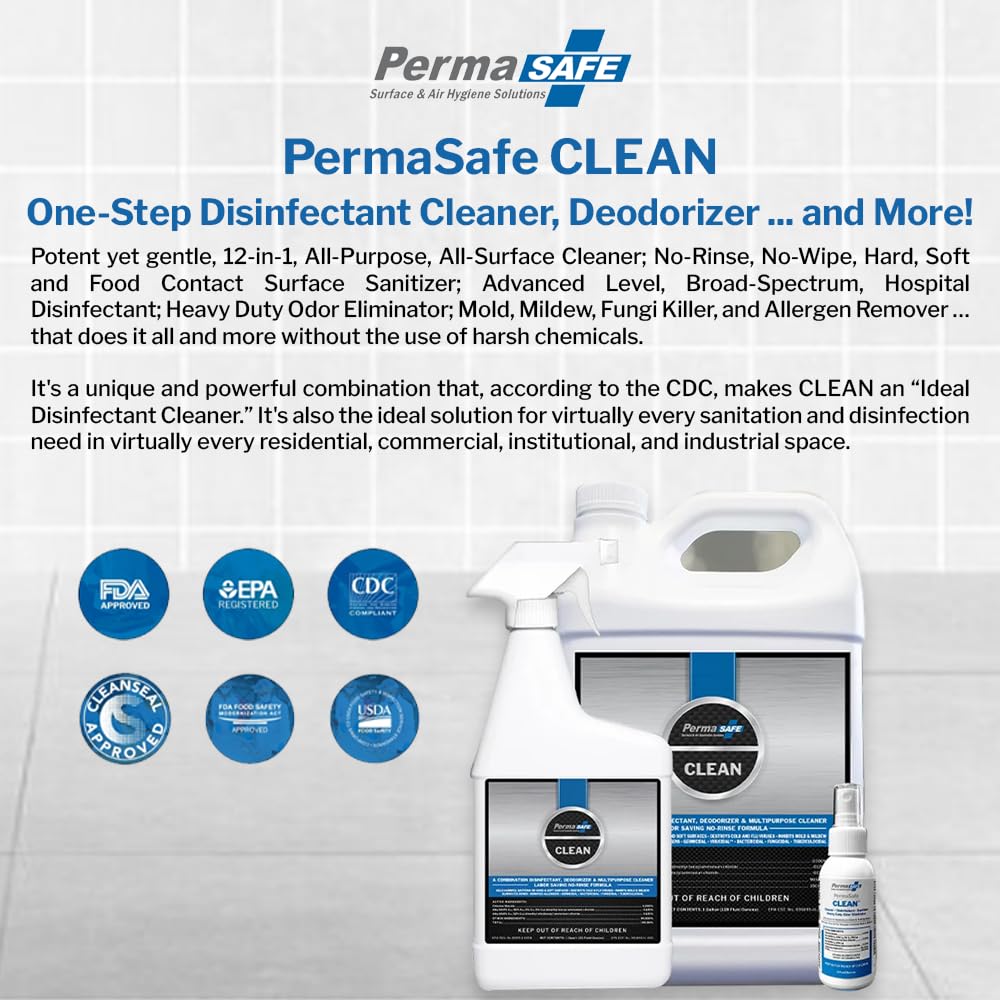 PermaSafe CLEAN 1-Step Disinfectant, Deodorizer & All-Purpose Cleaner; Soft, Hard & Food Surface Sanitizer; Kills 99.9% of Bacteria, Viruses, Molds - Child, Pet, Planet & All Surface Safe (32oz)