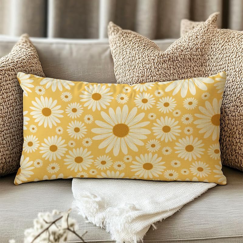Fahrendom Daisy Flower Lumbar Pillow Cover 12x20 - Yellow Cotton Linen