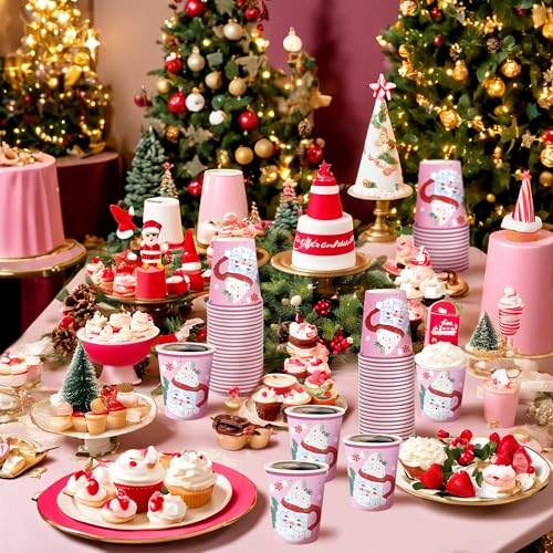 Christmas Paper Cups 50 Pack - Pink Santa Claus Disposable Drinkware, 9 oz Holiday Party Supplies