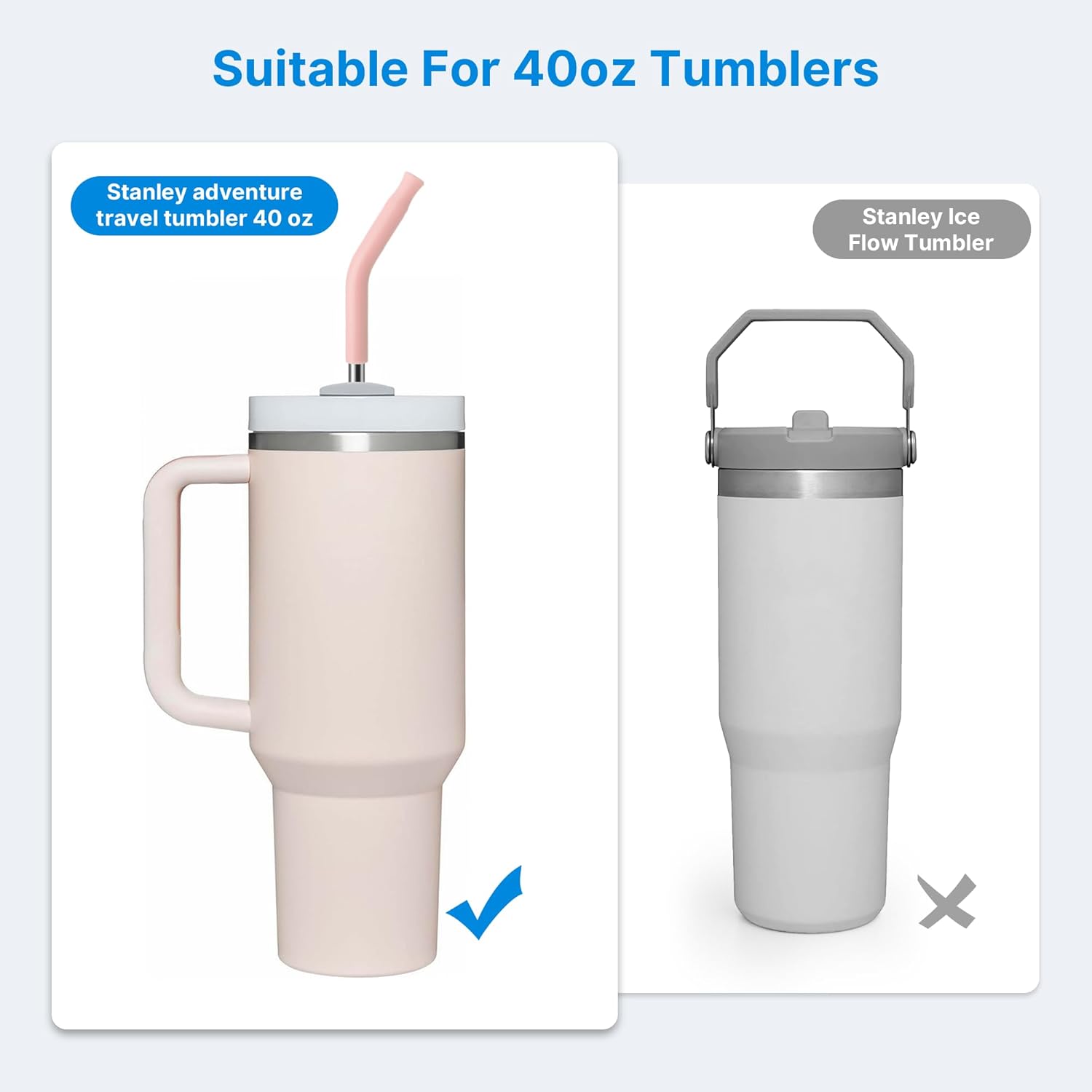 Skiennix Metal Straw Set - Silicone Tip for 40oz Stanley Cup | 2 Stainless Steel Straws + Brush (Light Pink)