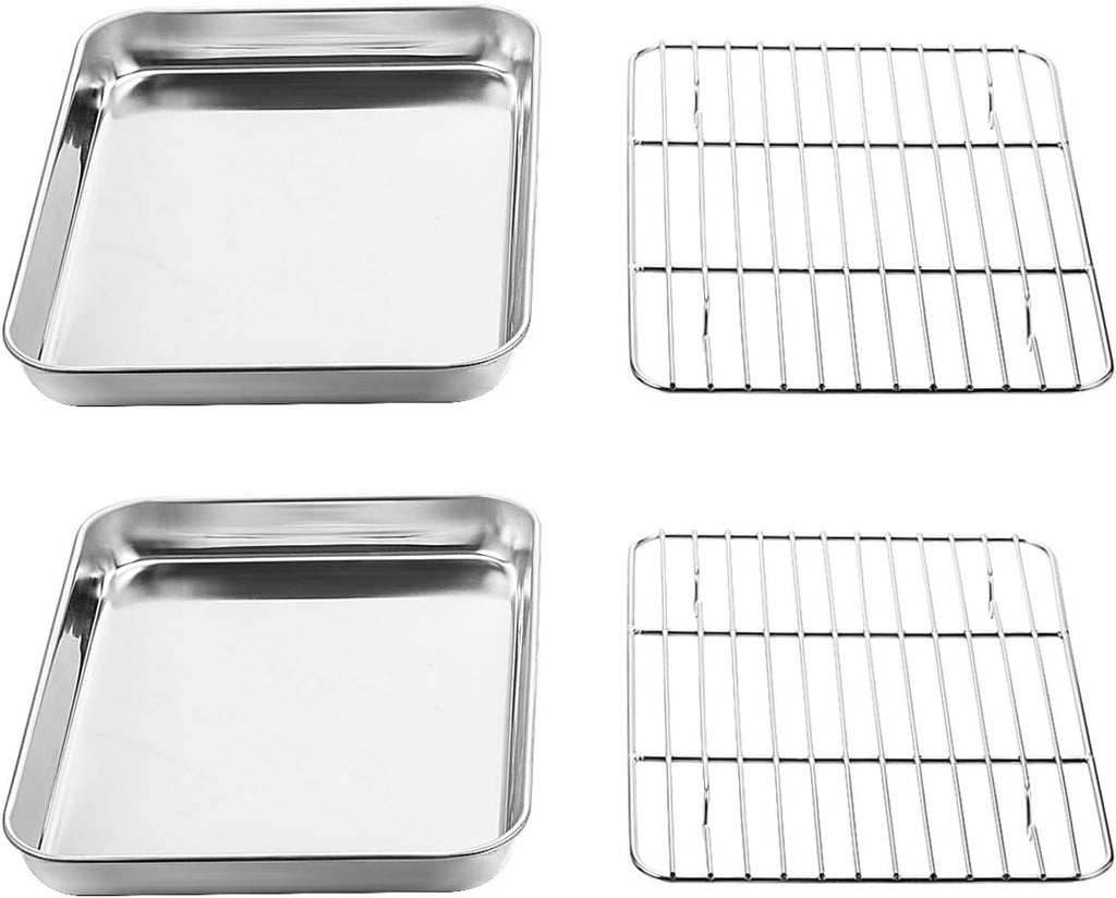 Wildone Baking Sheet Set - Stainless Steel Cookie Pan with Cooling Racks | 2 Sheets & 2 Racks, 9 x 7 x 1 Inch