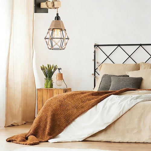 3 Pack Industrial Hemp Rope Pendant Lamp Shade, Small Vintage Boho Hanging Light Shades, Mini Rustic Metal Cage Lampshade for E27 Chandelier Wall Sconces Ceiling Hanging Pendant Light Fixture