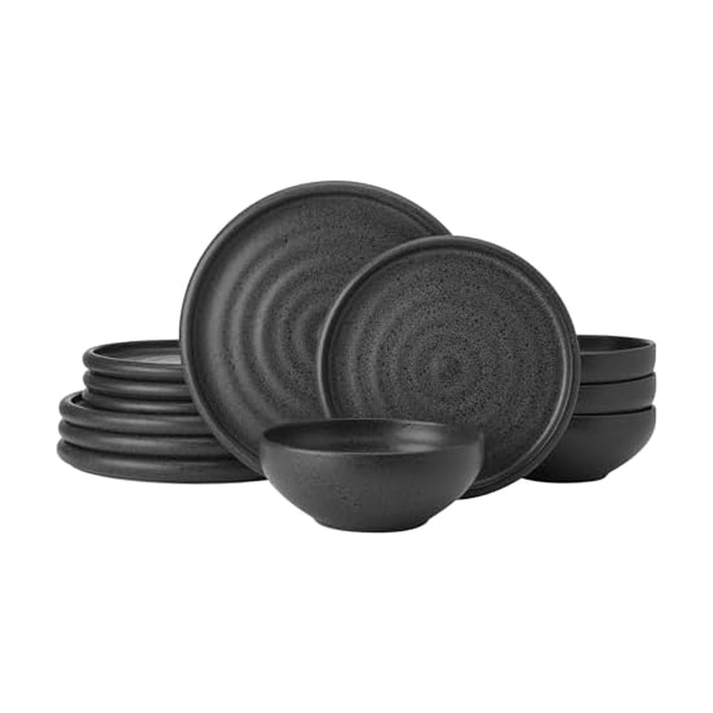 Mikasa Declan 12 Piece Stoneware Dinnerware Set, Service for 4, Modern Black Plate and Bowl Dishes with High Rims, Black