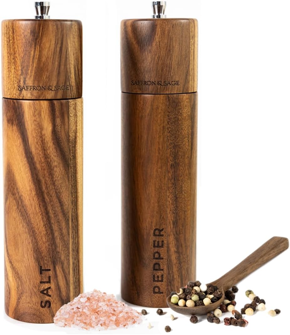 Saffron & Sage Acacia Wood Salt and Pepper Grinder Set | 8” Tall, Adjustable Coarse Settings, Rust Resistant