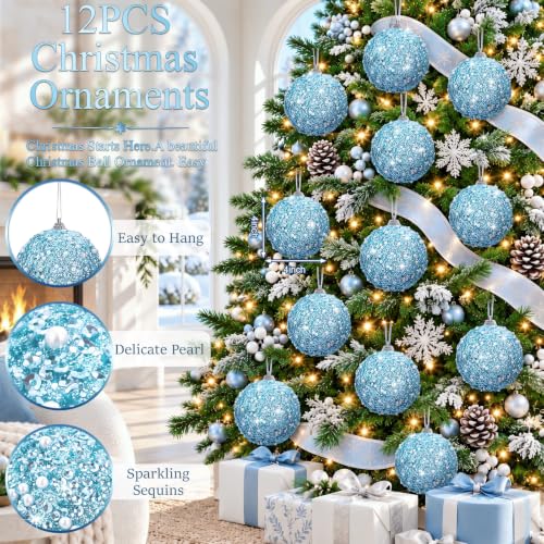 12 Pack Light Blue Christmas Ball Ornaments 4 Inch Bulk Holiday Decor