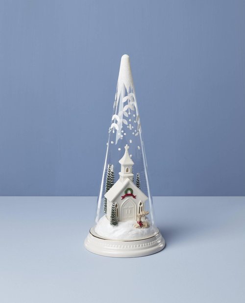Lenox 896634 Lit Christmas Cone with Church Scene, Holiday Decor