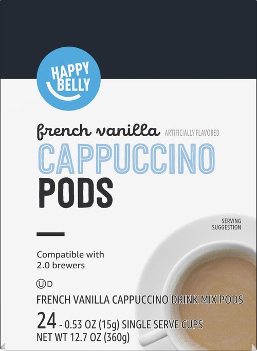 Happy Belly Cappuccino Coffee Pods - Light Roast French Vanilla Flavor | Compatible with 2.0 K-Cup Brewers, 24 Count