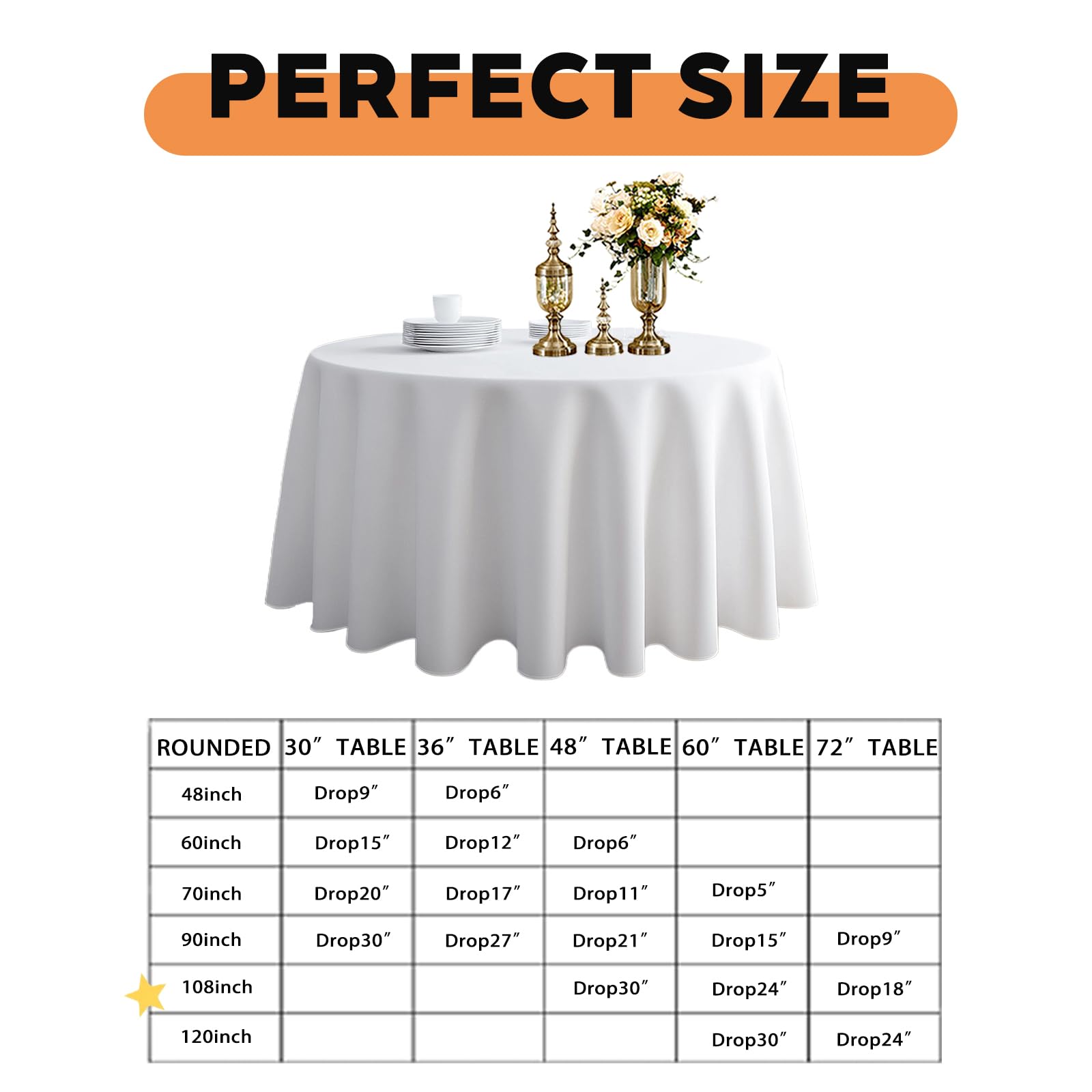 TWINPRET Round Tablecloth 108 Inch,White Waterproof Washable Polyester Table Cloth - Stain & Oil Resistant Circle Table Cover for Indoor Outdoor Dining, Patio, Party (Fits 48-72 Inch Tables) [6 Pack]