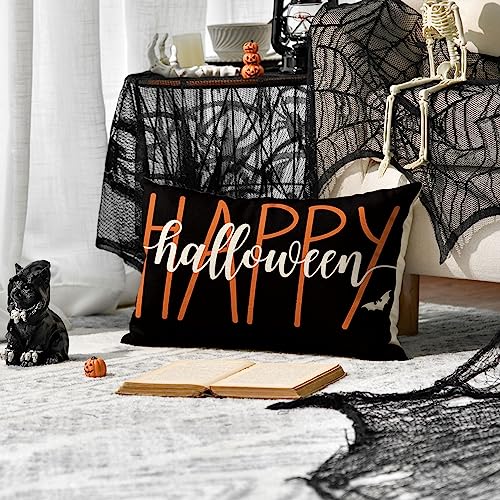 Happy Halloween Bat Throw Pillow Cover – 12x20 Inch Polyester Cushion Case