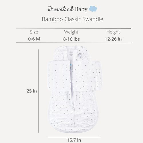 Dreamland Baby Viscose Swaddle Blanket (0-6 Months). 1.0 TOG Ultra Soft Swaddle Blanket w/Built in Band. 95% Viscose, 5% Spandex (White with Grey Stars). Mom-Owned US Business, Premium Materials