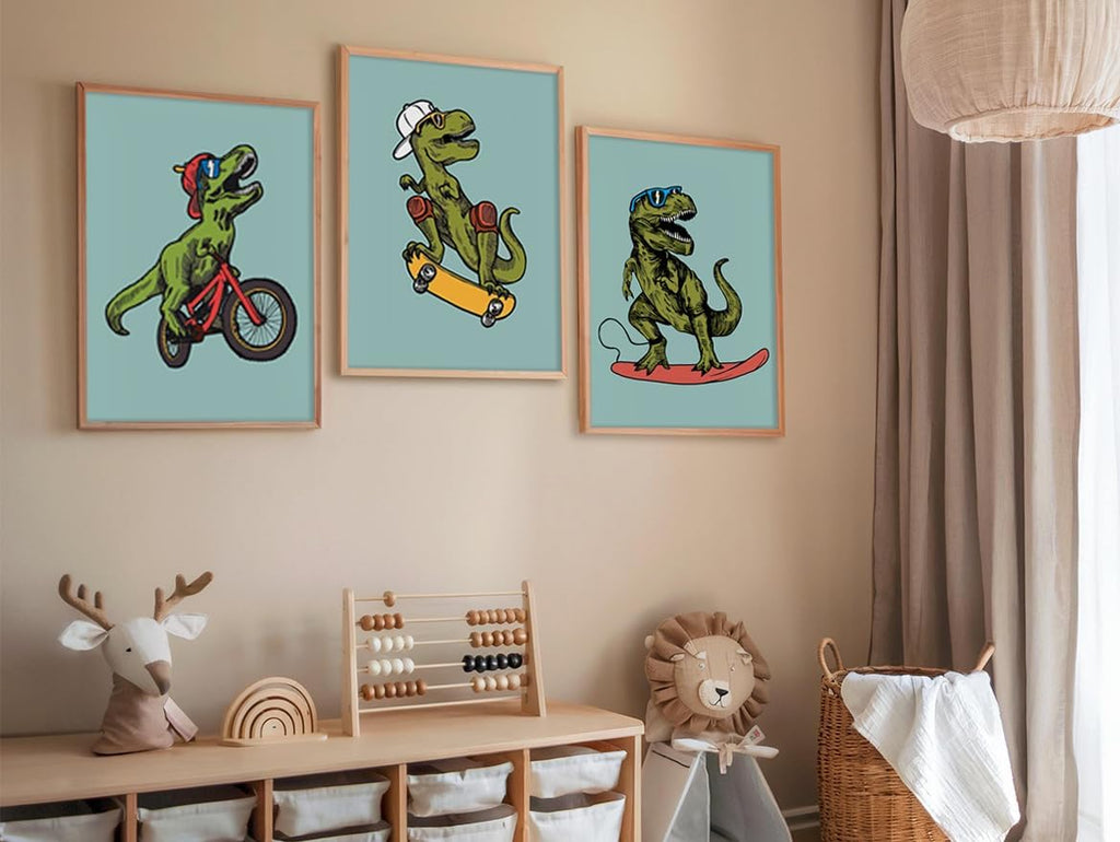 Skiennix 3pc Funny Dinosaur Nursery Canvas Wall Art - Surfing & Skateboarding Design for Boys' Room Decor