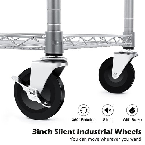 WDT Heavy Duty 3 Tier Utility Cart,Wire Rolling Carts with Wheels, Commercial Grade Service Cart with Shelving Liners and Handle Bar Metal Carts for Kitchen Office Hardware (750LBS Capacity Silver)