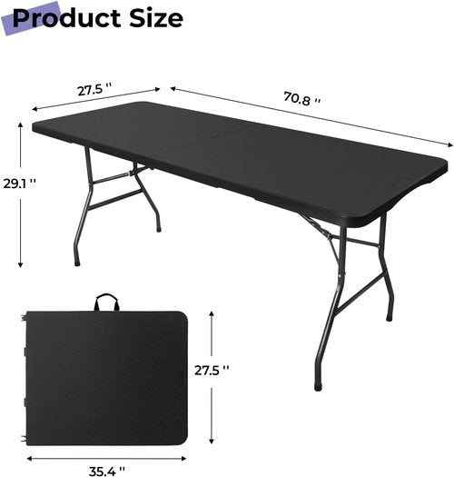Byliable 6ft Folding Table - Portable Heavy Duty Plastic for Indoor/Outdoor Use | Black with Carrying Handle
