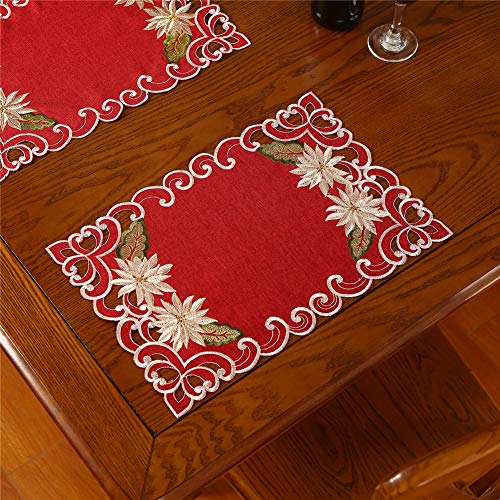 Christmas Placemats Set of 6 Burgundy Embroidered Poinsettia & Holly Holiday Table Decor