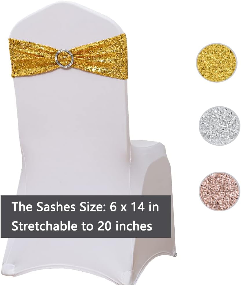 Skiennix Gold Spandex Sequins Chair Sashes - Pack of 50 Elegant Chair Bands with Buckles for Weddings & Parties