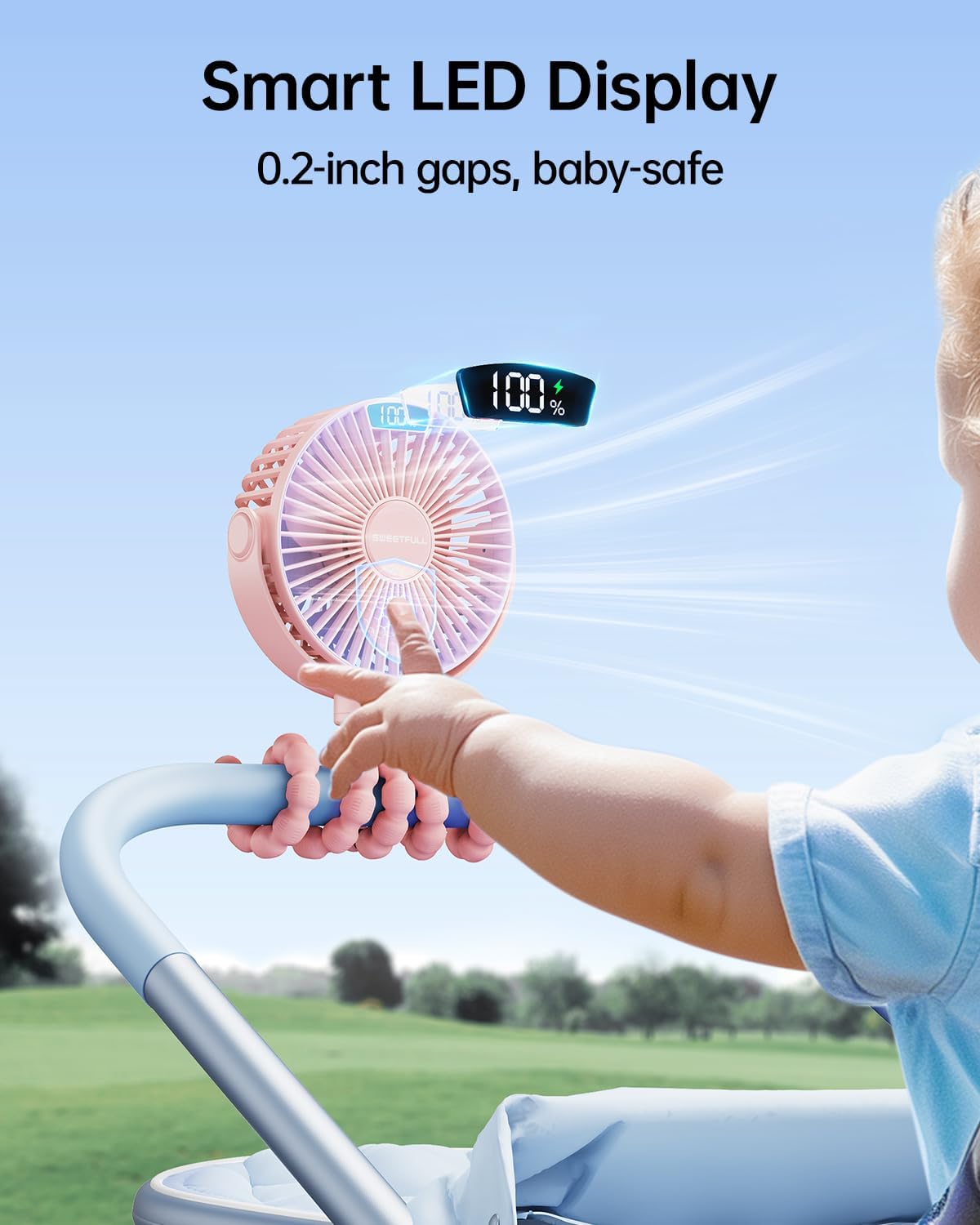 Sweetfull Portable Stroller Fan - 4-Speed Rechargeable Mini Clip-On Fan with LED Display | 360° Rotation (Pink)