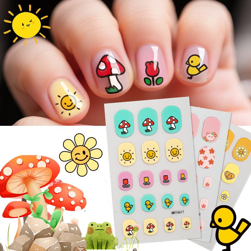 SUMINGGO Kids Nail Stickers - Cute Animal & Fruit Peel-and-Stick Decals, 5 Sheets