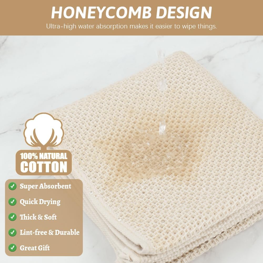 Nialnant Kitchen Towels - 100% Cotton Waffle Weave, Extra Soft & Absorbent | 6 Pack, 13 x 28 Inch, Beige