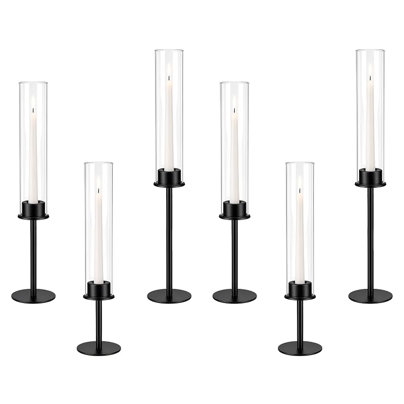 Black Candle Holders Set of 6 - Modern Hurricane with Glass Cylinders (Variation: Black+6)