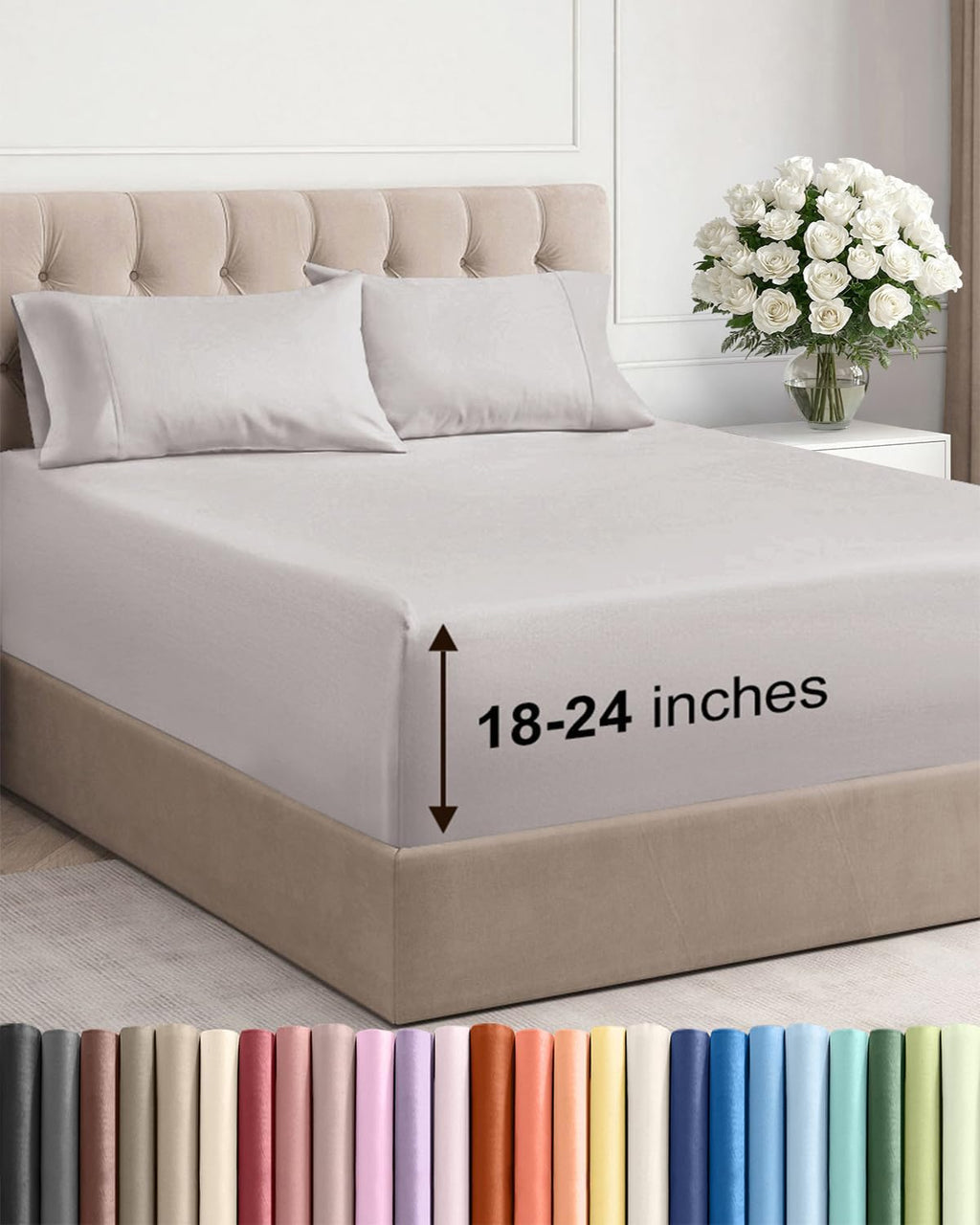 Skiennix Extra Deep Twin Sheet Set - 4 Piece Breathable Cooling Bedding - Soft Wrinkle-Free Light Grey