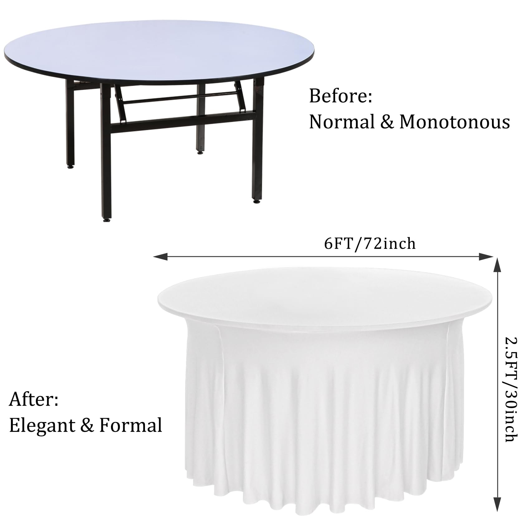 JALANCY 4 Pack 6FT Spandex Table Skirts Round Spandex Fitted Table Cover 72 Inch Washable Table Cloth for Wedding Trade Baby Shower Banquet Dining Table (White, 6FT)