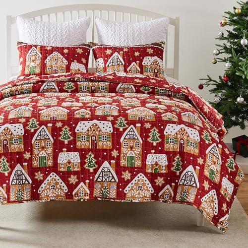 Gingerbread Lane Holiday Reversible Quilt Set - Full/Queen, Red