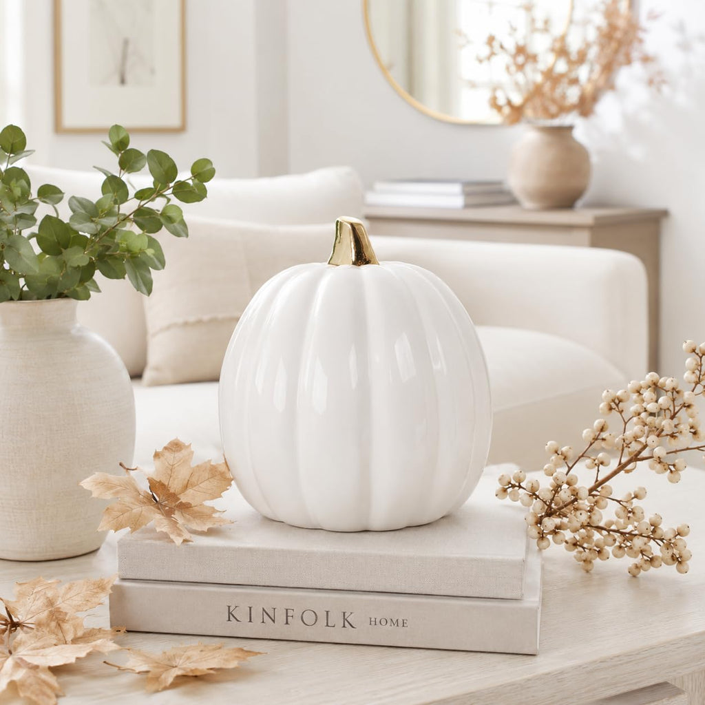 Pearhead Ceramic Pumpkin Fall Decor with Gold Stem, White