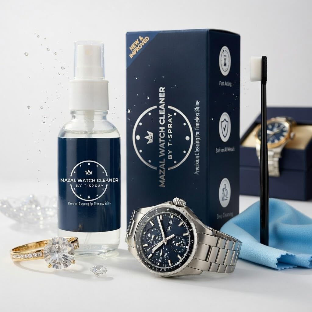 Mazal Watch and Jewelry Cleaner Spray kit. Cleaning Solution -Safe on All Metals, Crystals, Gold, Platinum, Precious Gemstones, Diamond Jewelry- Quick, Long Lasting Shine- TSA Approved 2oz
