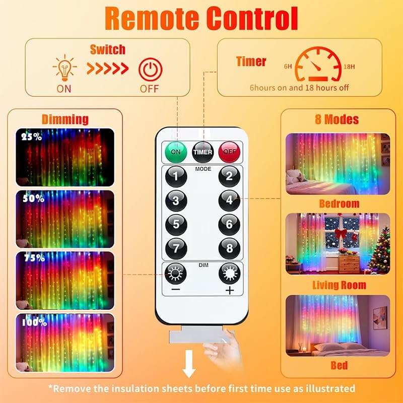 Skiennix 300LED Fairy Curtain Lights - 9.8x9.8Ft Warm White USB with 8 Modes & Timer for Indoor/Outdoor Decor