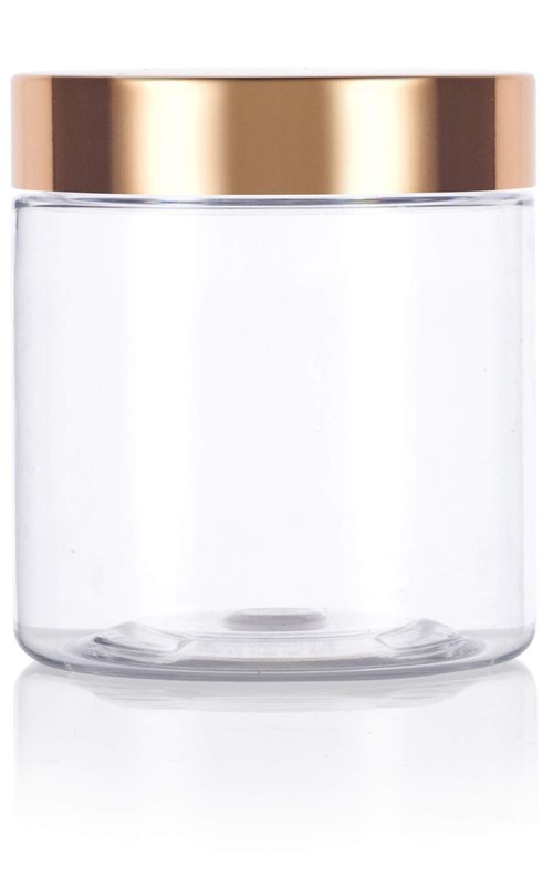 8 oz Clear PET Plastic Refillable Jar with Luxury Gold Metal Overshell Lid (12 Pack) + Spatulas