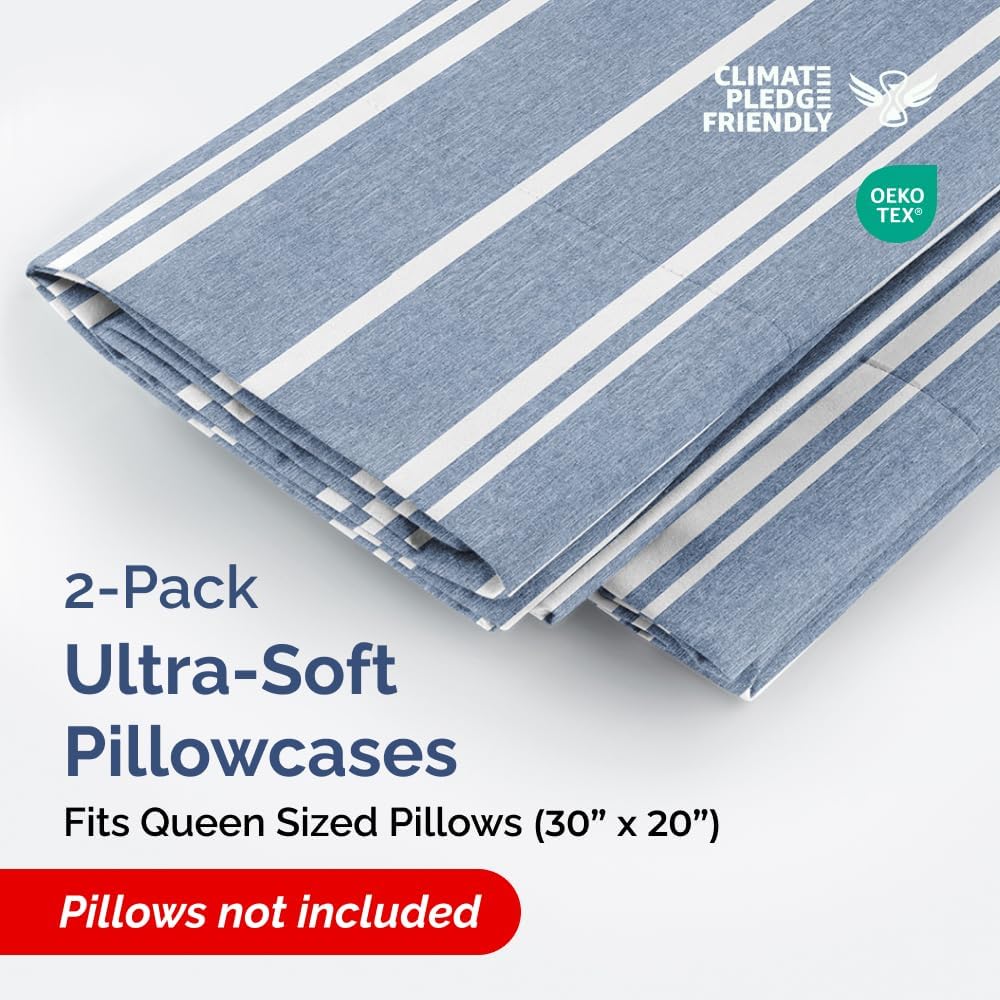 Skiennix Queen Pillow Cases Set of 2 - Ultra Soft Hotel Quality - Wrinkle Free & Fade Resistant - Blue Stripes