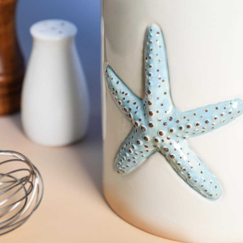 Bicuzat Ceramic Starfish Embossed Utensil Holder, Large Cooking Utensil Crocks for Countertop, Ocean Style Utensil Organizer for Spatula