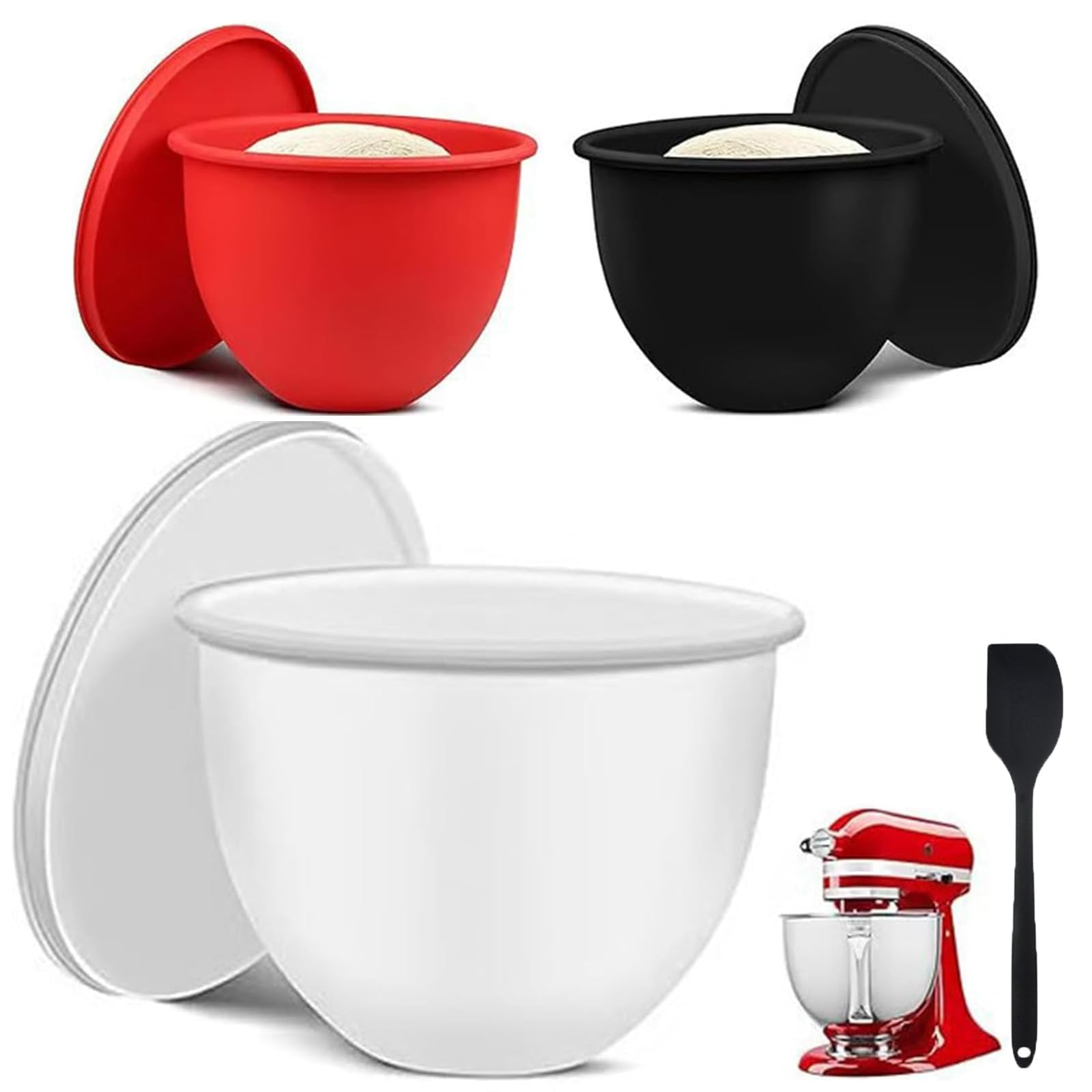 Silicone Mixing Bowl Liners for KitchenAid Mixer Non-Slip, Food Grade Heat-Resistant for 5 Qt Kitchen Aid Silicone Bowl Insert, Baking, Kneading & Whipping Accessory 3-Pack (White, Black, Red)