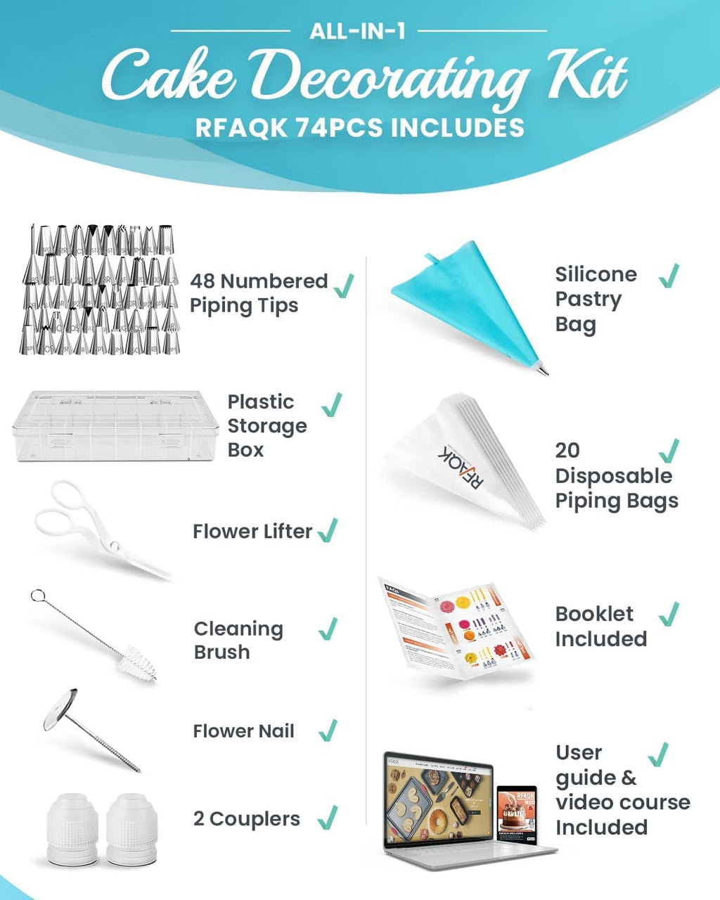 RFAQK 74-Piece Cake Decorating Kit - Icing Piping Bags & 48 Numbered Tips, Anti-Burst Design, Includes Booklet & E-Book