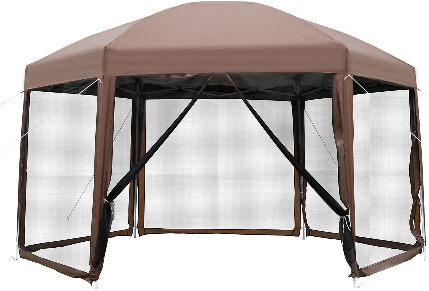 PayLessHere 13x13ft Hexagonal Gazebo Tent - Waterproof Pop-Up Screen House with Mosquito Netting | Portable & Adjustable Height for Outdoor Use, Brown