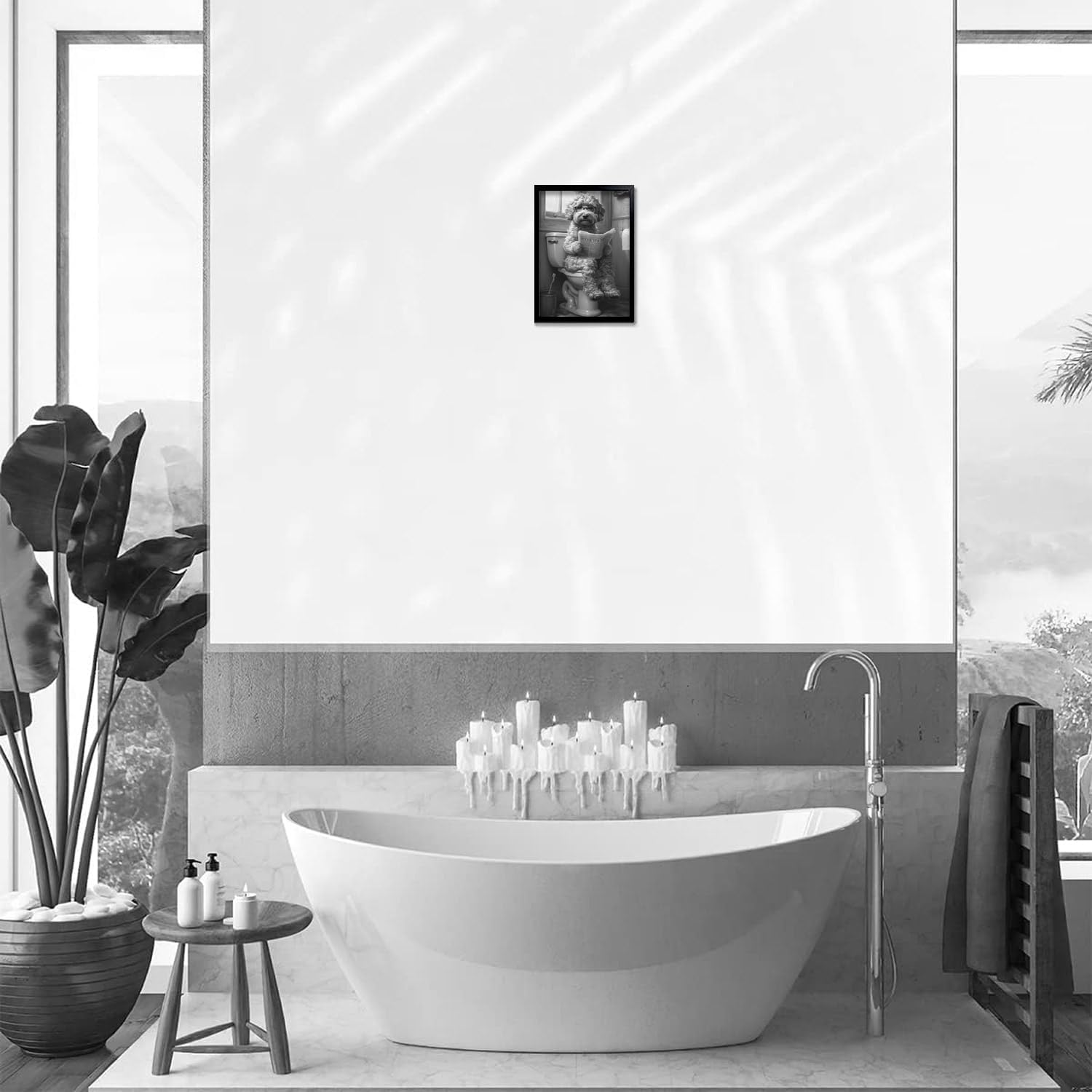 OIQArt Funny Bathroom Wall Art - Black & White Teddy Dog Canvas Print | Modern Minimalist Decor