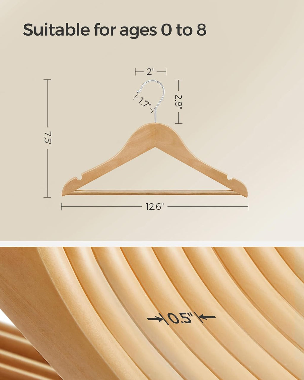 SONGMICS Kids Wooden Hangers - 20 Pack Solid Wood Baby Hangers with Pants Bar & Swivel Hooks | 12.6 x 7.5 Inches, Natural/Silver
