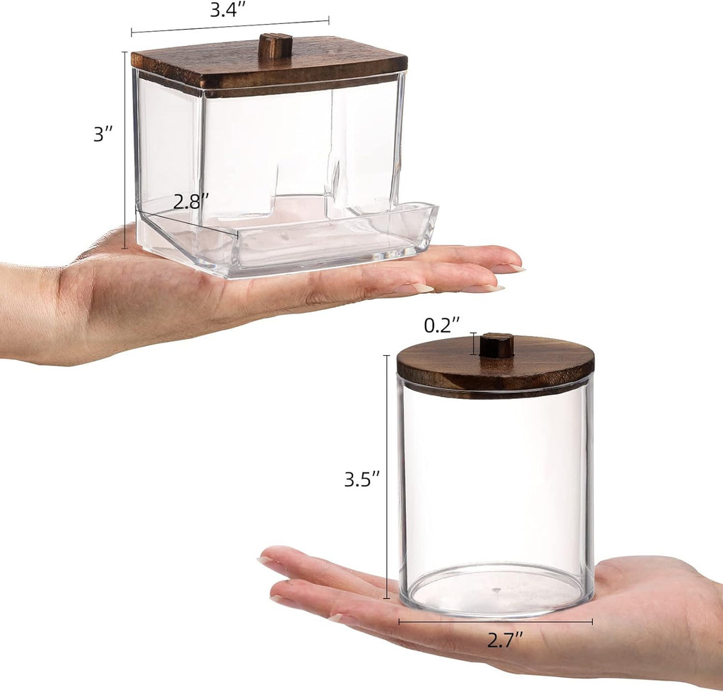 Tbestmax Cotton Ball & Swab Holder - Stylish Brown Wood Lid Apothecary Organizer Jar | 10/7 OZ, Set of 2