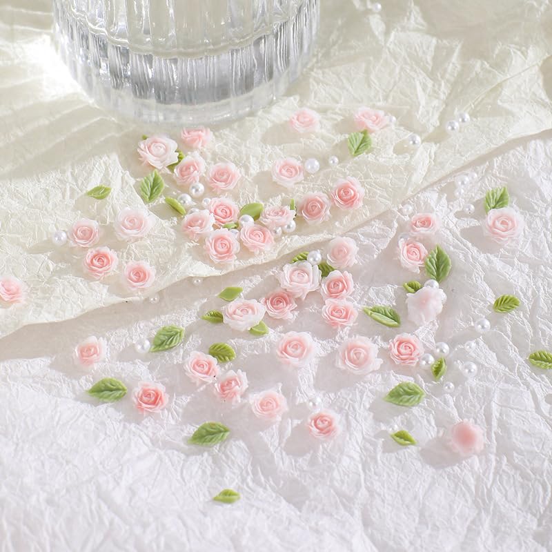 3D Flower Nail Charms with Pearls and Rhinestones - 60Pcs Pink Spring Blossom Acrylic Floral Manicure Decorations