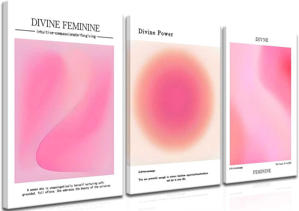 Trendy Aesthetic Canvas Wall Art Set of 3 - Pink Gradient Aura Angel Posters | Framed 12x16 Inch Decor