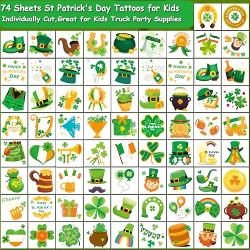 St. Patrick's Day Temporary Tattoos for Kids - 74 Individual Sheets Party Favors