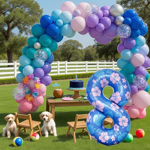 40 Inch Number 8 Balloon Set - Blue Pink Tropical Party Decor