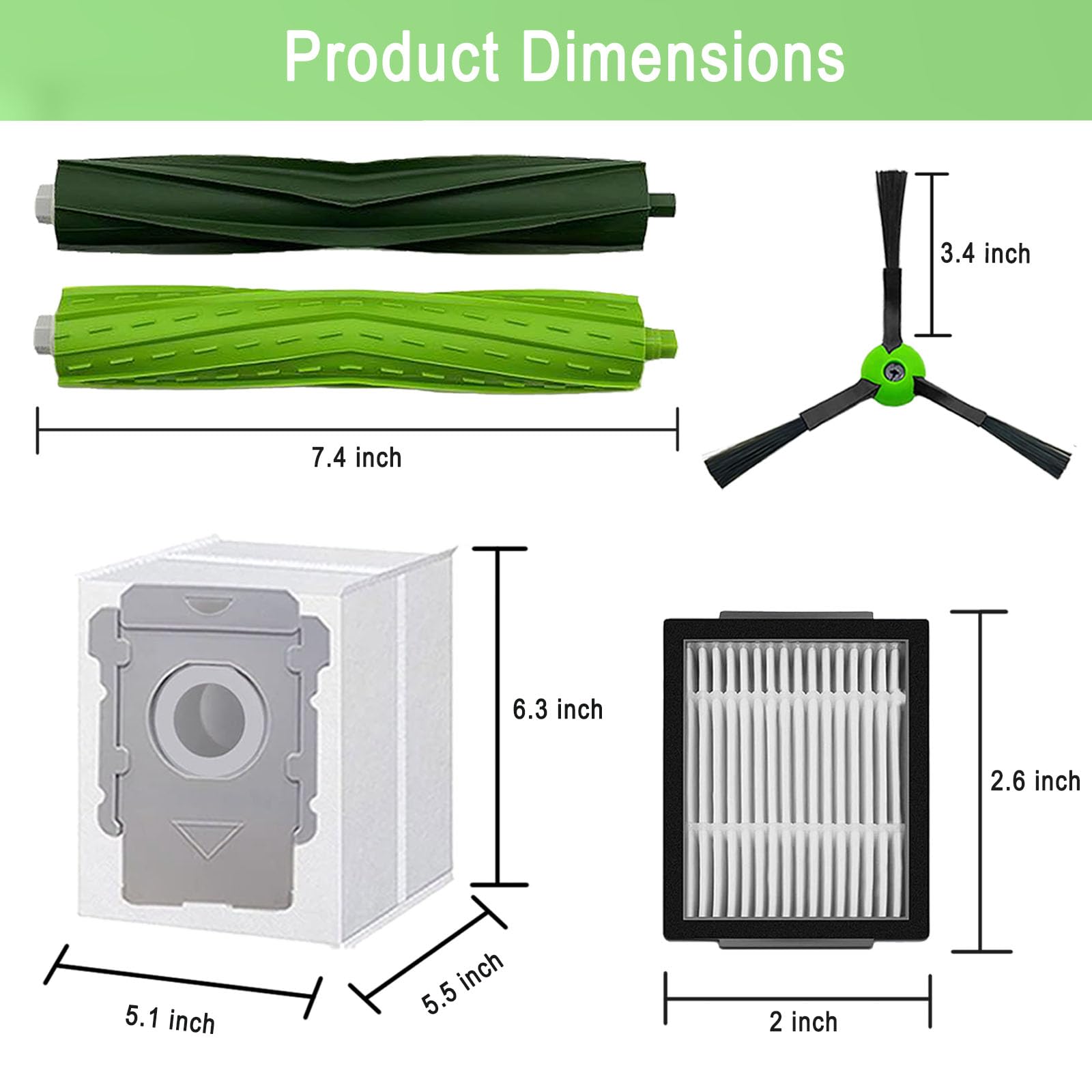 Replacement Parts for iRobot Roomba E5 E6 E7 i2 i3 i3+i4 i4+ i5 i5+ i6 i6+ i7 i7+ i8 i8+/Plus i1 E i j Series Robot Vacuum,2 sets of multi-surface roller brushes 6 Vacuum bags 6 filters 6 side brushes
