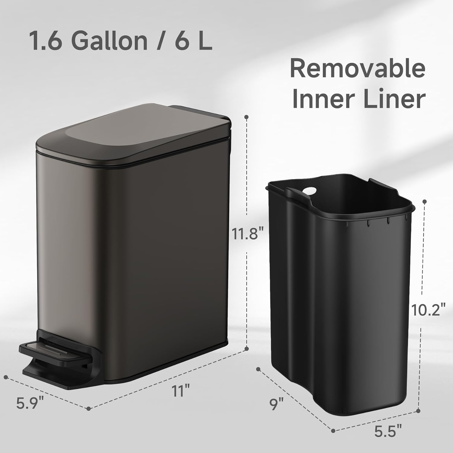TIPGO Slim Bathroom Trash Can - 6 Liter Stainless Steel Garbage Can with Soft Close Lid | Black Gold