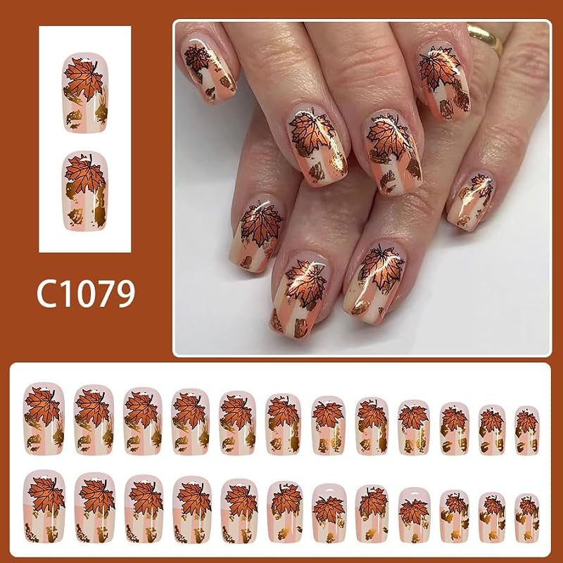 Fall Press on Nails Medium Square Nude Fake Nails with Maple Leaf Design