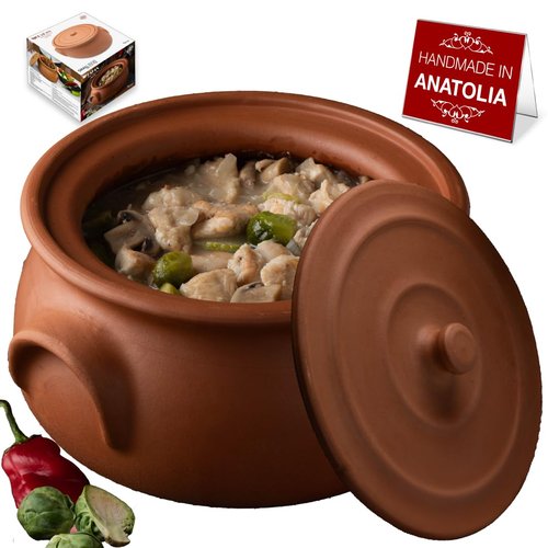 Hakan Suphan Handmade 2.6-Quart Small Clay Cooking Pot with Lid, Unglazed Natural Cookware, Terracotta Cazuela, Casserole Dish, Rice Cooking, Stewpot, Korean, Indian, Mexican Dish 2.5 L